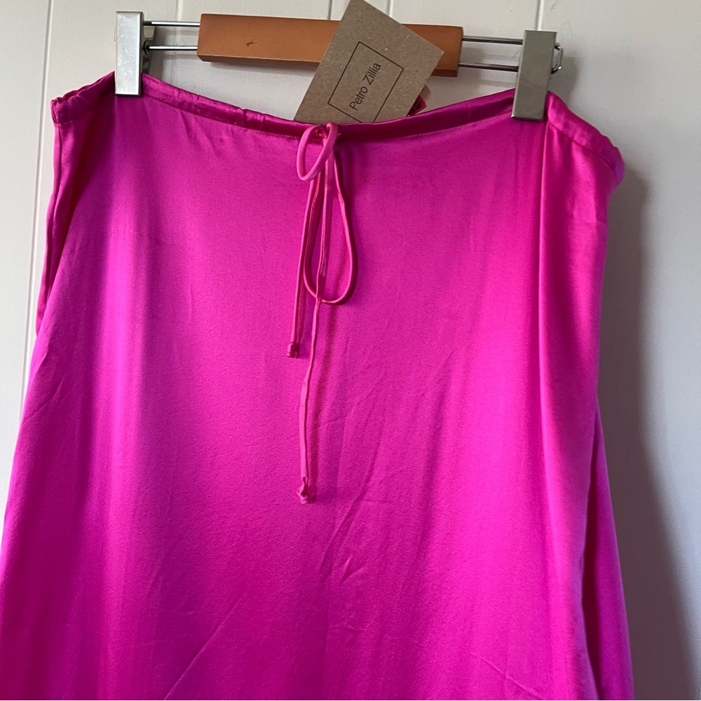 NWT Vintage Petro Zillia Fuchsia 100% Silk Ruffle Fringe drawstring skirt Pink - Picture 4 of 11